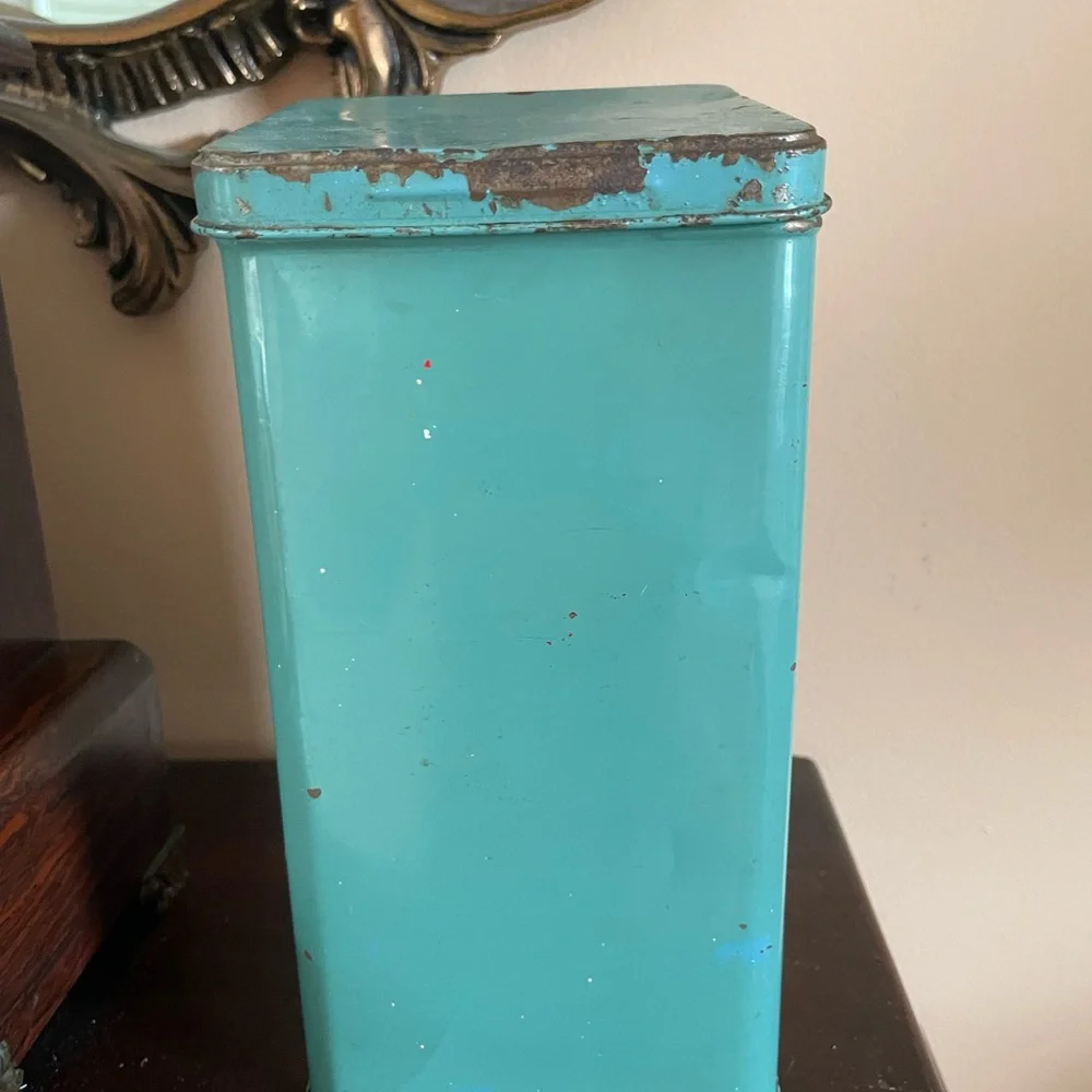 Vintage 30/40s Pink Faux Floral Display Green Tin Oatmeal Canister  10” height